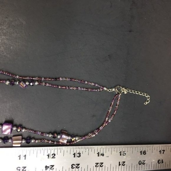 Long Double Strand Necklace Purple Mother Of Pearl Shell Silver Round Beach Retr - Picture 8 of 8